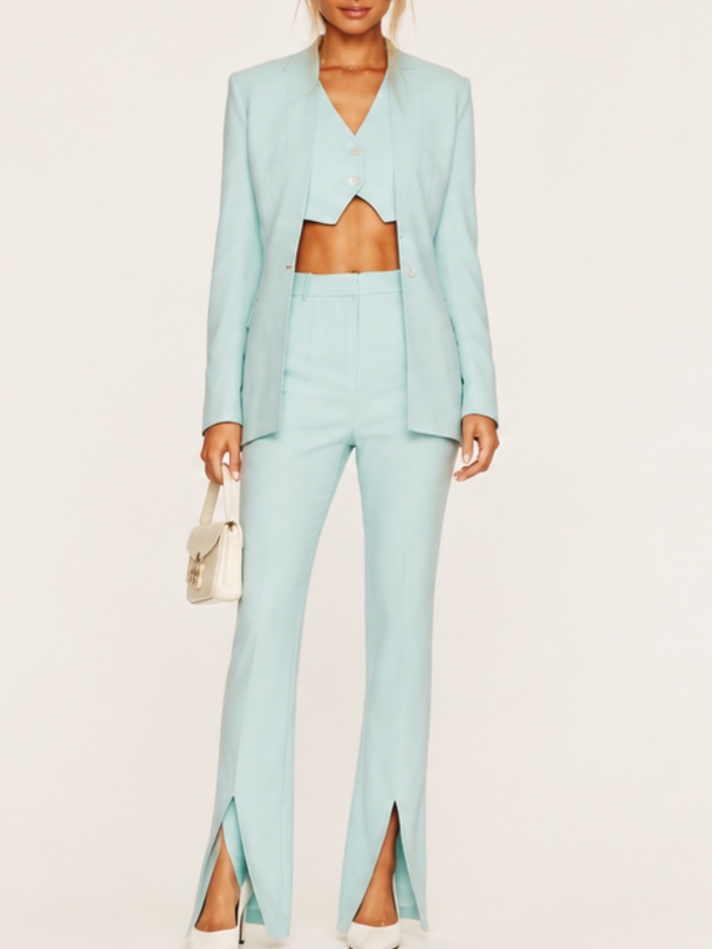 NWT L'Academie Ospen Notched Pant Pastel Blue XS Trouser Stretch Split Cuff $248